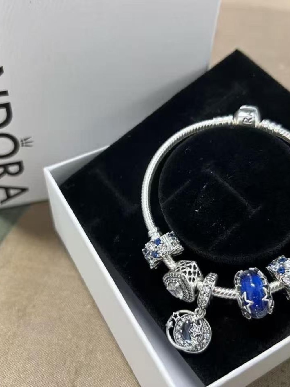 Pandora Silver Bracelet with Blue and Silver Star Charms